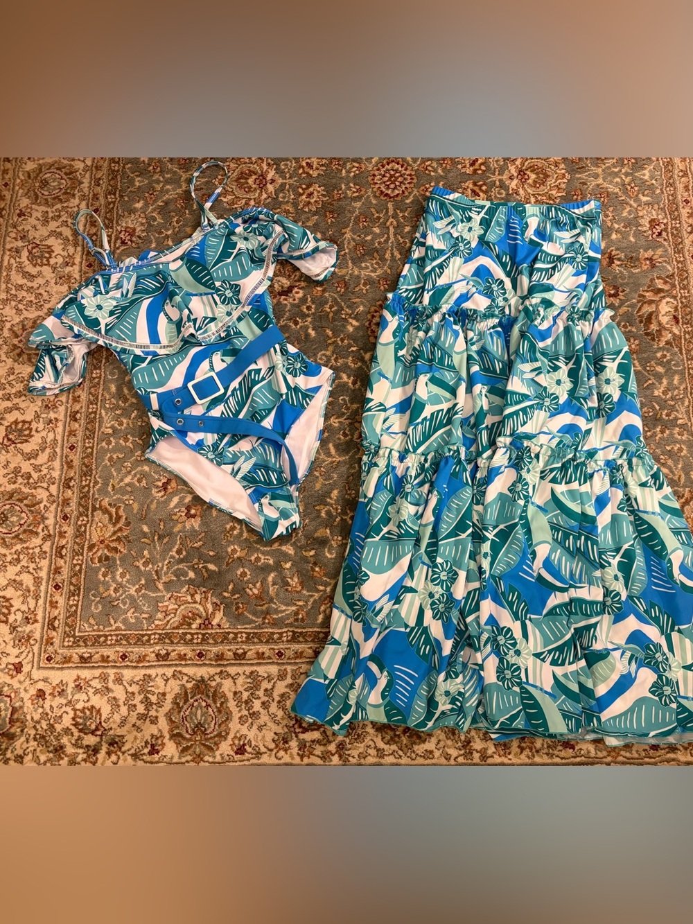 Tropical Blue Leaf Print Swim Set with Belt and matching skirt